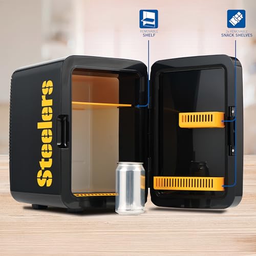 Image of Ukonic NFL Pittsburgh Steelers 15-Can Mini Fridge 10L - AC /DC Powered, Official Team Colors & Logo, Portable Cooler for Tailgates, Home, Office, or Car