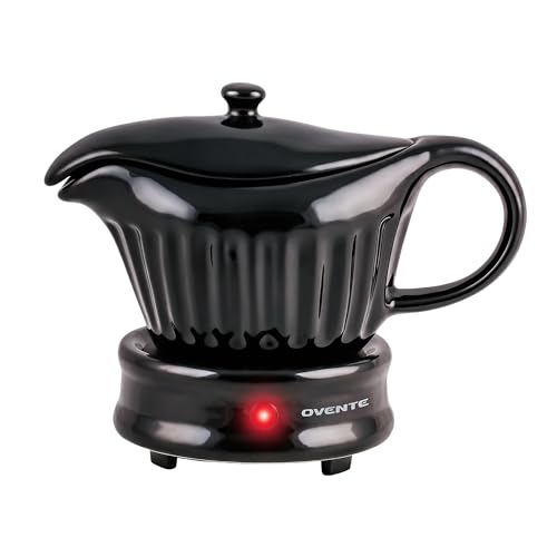 OVENTE Electric Gravy Boat Warmer with Ceramic Pot and Lid, Detachable Warming Base and Easy-Pour Spout, 13.5 Ounce Ideal for Small Parties, Entertaining, Thanksgiving and Holiday, Black FW024589B