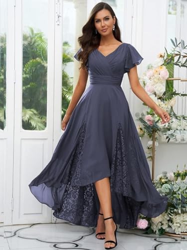 Womens Lace Tea Length Mother of The Bride Dresses Short Sleeve Wedding Guest Dress Formal Evening Ball Gown HQ-ABC9053