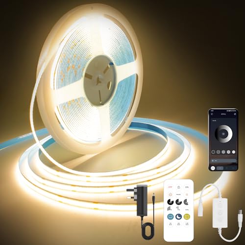 FUIQI COB LED Strip Light 10M,24V Dimmable Dotless LED Strip with App and Remote dimmable,Warm White 3000K,8mm Wide,CRI90,cutable Strip Lights with Power Supply for Bedroom,Kitchen,cabinets