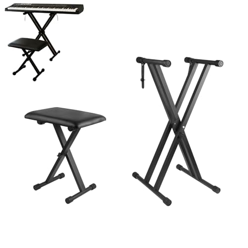 Keyboard Stand Piano Bench Set Adjustable Double-X Digital Piano Stand with Lockable Straps Black 2Packs