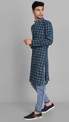SKAVIJ Mens Indian Ethnic Cotton Straight Checked Kurta Tunic Top3