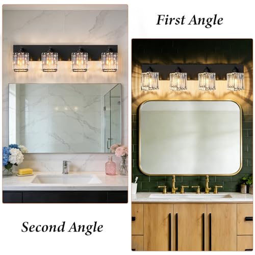 Image of Black Crystal Bathroom Vanity Light, 4-Light Modern Bathroom Lighting Fixtures Over Mirror, Matte Black Wall Sconce Light Fixtures with Square Shade