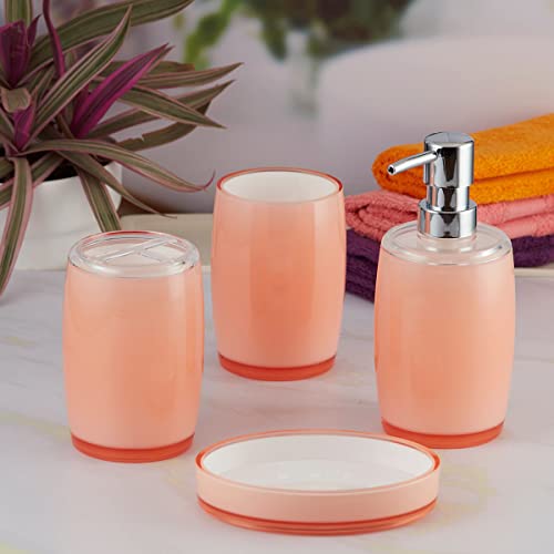 Image of Kookee Acrylic Bathroom Set - Stylish 4 Piece Bath Accessories Kit with Soap Dispenser, Toothbrush Holder, Tumbler & Soap Dish - Modern & Designer Decor for Home & Guest Bathrooms (8332)