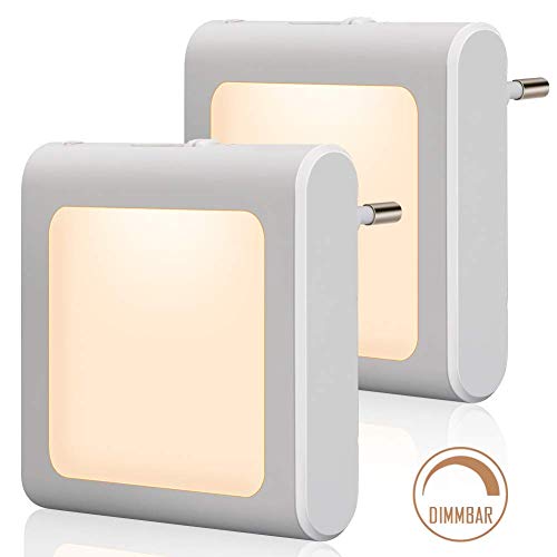 Nachtlicht Steckdose mit Dämmerungssensor, RIGHTWELL 2 Stück Helligkeit Stufenlos Einstellbar Sehr gut für Kinderzimmer, Treppenaufgang,Schlafzimmer, Küche, Orientierungslicht,WarmWeiß