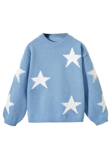 WDIRARA Girl's Star Printed Round Neck Long Sleeve Sweater Casual Drop Shoulder Pullover Knitwear Blue and White 11-12Y