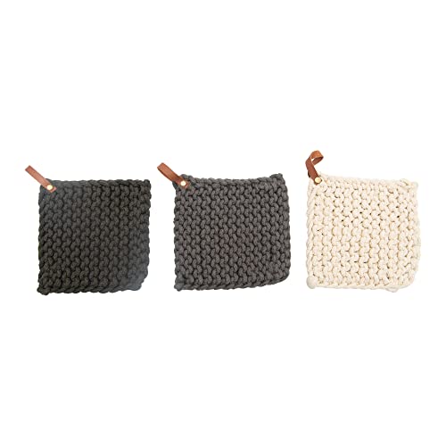 Creative Co-Op Square Crochet Cotton Leather Loop, Set Of 3 Colors Pot Holder, Multicolored #TOP6