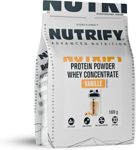 NUTRIFY Molkeproteinpulver 5 x 1kg Vanilla - Proteinshakes für Kraftsport und Fitness - 21g Protein/Portion, löslich, Zuckerarm, Proteinkonzentrat Molkeneiweiß Concentrate, 165 Portionen
