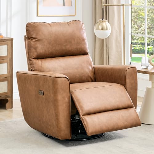 Image of GarveeHome Power Recliner Chair, 270 Swivel Rocking Glider with USB Charging Port, PU Leather Upholstered Fabric, Ergonomic Modern Nursery Chair for Living Room, Bedroom, Nursery (Brown)
