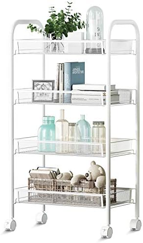 4-Tier Kitchen Carts on Wheels | Bathroom Shelving | Kitchen Island Utility Cart | Metal Mesh Rolling Cart | Storage Cart with Lockable Wheels and Removable Hook for Office, Kitchen, Bathroom (White)