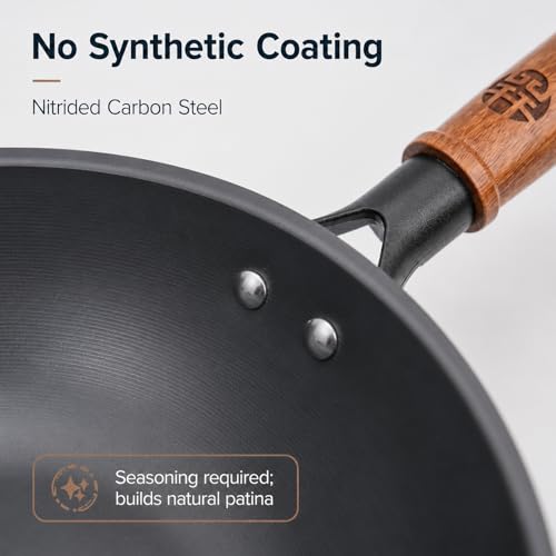 WANGYUANJI 10 Inch Small Carbon Steel Wok Pan with Glass Lid, Lightweight Flat Bottom Stir Fry Pan, Nitrided No Chemical Coating Wok for Induction, Gas & Electric, 1–2 Servings — view 5