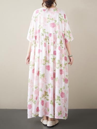 Image of Women's Plus Size Casual Dresses Pink Floral Print Loose Maxi Dress Short Sleeve O Neck Lounge Dress
