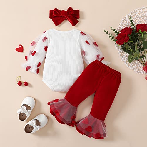 My First Valentines Day Toddler Baby Girl Outfit Red Heart Long Sleeve Romper and Flare Pants Infant Clothes3