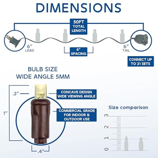 Novelty Lights 50ft 100 LED Yellow/Red/Orange Christmas String Lights, 6 Spacing on Brown Wire, UL Listed IP55 Commercial Grade Xmas Lights for Outdoor/Indoor, Dimmable, Connectable