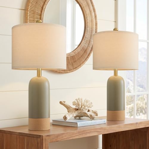 PoKat 24 Hand-Textured Green Table Lamps for Bedroom Farmhouse Bedside Lamps Set of 2 for Living Room Modern Ceramic Nightstand Lamps for Guest Room Home Office Gift Matte Green & Earthy Yellow