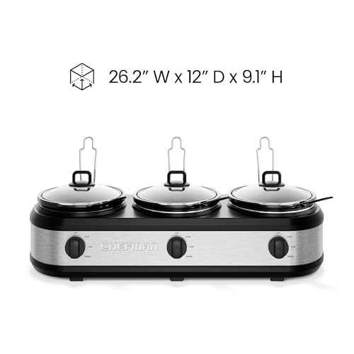 Chefman Triple Slow Cooker & Food Warmer, Three Crock Slowcooker with 2.5 Qt. Ceramic Crocks, 7.5-Quart Total Capacity, PFAS-Free, Three Temperature Settings, Dishwasher-Safe Parts – Stainless Steel - image 7