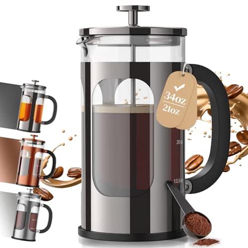 Veken French Press Coffee Maker 34oz, No Plastic Touching Cafe,Thickened