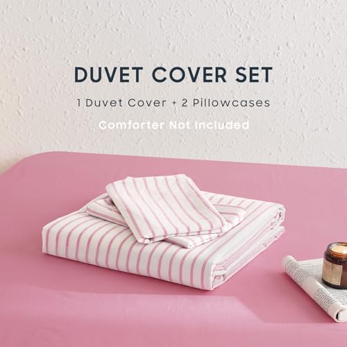 Image of Wake In Cloud - Striped Cotton Duvet Cover Set, Ticking Stripe Vertical Pinstripe Farmhouse, 100% Washed Cotton Textured Bedding Set, 3 Pieces, Pink White, Full Size