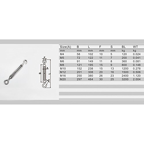 Aexit M6 Tensores para Cables de Acero con Gancho y Ojal de Acero Inoxidable 304, Pack de 5 miniatura 5