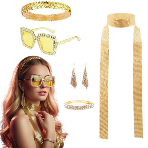 EYWILYWI Conjunto de 6 acessórios de discoteca dourados dos anos 70, cachecol de lantejoulas, óculos de sol, pulseira, diadema e brincos, cosplay retro, aniversário e festa temática de discoteca