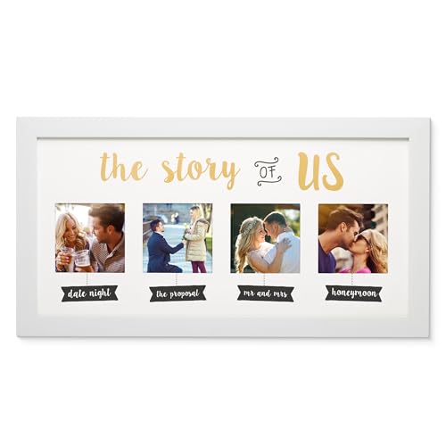 Image of Kate & Milo The Story of Us Wedding Collage Picture Frame, Love Story Photo Display with 4 Sections, Engagement & Bridal Shower Keepsake, Wall-Mount Frame, White