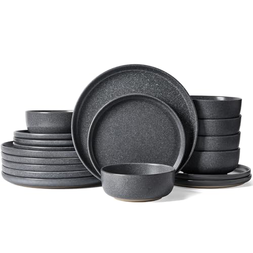 Image of Famiware Milkyway Plates and Bowls Sets, 18 Pieces Dinnerware Sets, Reactive Glaze Dish Set, Stoneware Dishes Set for 6, Matte Dark Charcoal
