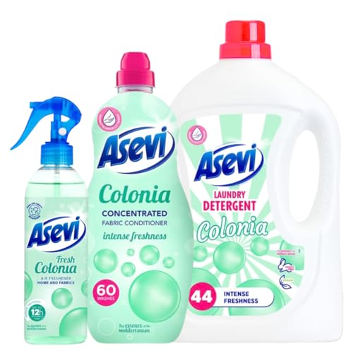 Asevi Colonia Bundle 3 Pack, Air & Fabric Spray 400ml, 60-Wash Fabric Softener, 44-Wash Laundry Detergent Gel, Intense Freshness