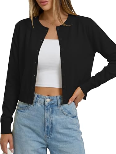 LaGracia Womens Cropped Cardigan Sweaters Button Down Sweater for Women Long Sleeve Open Front Cardigans Button Down Crop Sweater Lightweight Knit Spring Fall Y2k Outfits Trendy Black XL