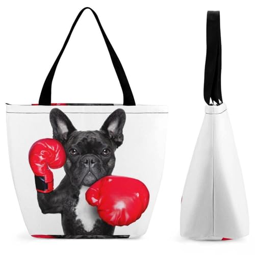 Zxlophysis Borsa tote con cerniera, graziosa borsa da spiaggia con calopsitta, grande borsa a tracolla per tutti i giorni, viaggio, Boxer Bulldog Francese, 28.5 x 18 x 32.5 cm