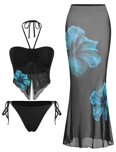Image of ZAFUL Women 3 Piece Bikini with Cover Up Skirt Halter Bandeau Swimsuit Floral Tie Side Cheeky Bathing Suit