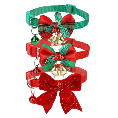 3pcs colliers Noël chat ajustables nœud rouge vert grelot