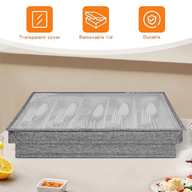 Flatware Utensil Storage Case, Silverware Storage Box with 4 Adjustable Dividers and Removable Lid, Cutlery Case Utensil with 5 Compartment Storage for Spoon Fork Knives Tableware (Gray)