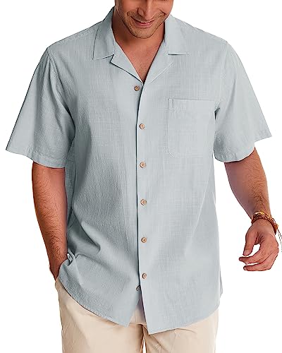 Image of Alimens & Gentle Mens Linen Shirts Cotton Hawaiian Shirts Short Sleeve Button Down Shirts Casual Summer Beach Tops