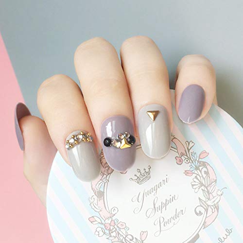 Skyvan 24 PCS Set Mid-length Grey and Light Purple Press On Flase Nails with Crystal and Rivets Stud Full Cover Fake Nails with Glue and Adhesive Tapes