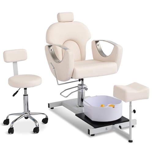 LOUVIXA Pedicure Station No Plumbing, Hydraulic Pedicure Chair for Nail Tech, Height Adjustable Reclining Pedicure Station Unit, 360 Degree Swivel Foot Spa Chair with Massage Foot Bath (White)