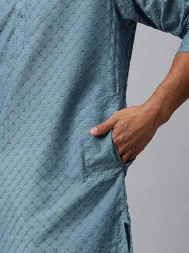 Image of Majestic Man Men's Cotton Blend Regular Fit Casual Polyester Mandarin Collar Ethnic Motifs Embroidered Long Regular Kurta