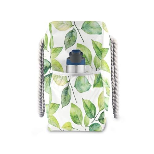 Green Leaves Watercolor Sturdy Large Tote Bag with side pocketes Bag, Shoulder Weekender with cup holders on the side3