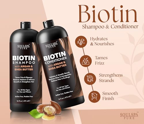 Image of SOULSPA PURE Biotin Argan Oil Shampoo and Conditioner Set - Shea Butter Moisturizing Formula for Curly, Dry & Damaged Hair - Deep Hydration for Men & Women -16 fl oz Each