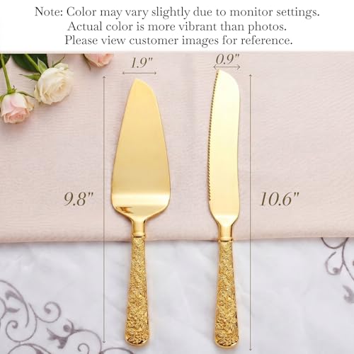 Dicunoy 2 PCS Gold Cake Knife and Server Set, Wedding Cake Cutting Utensils, Vintage Engraved Cake Cutter and Serving Spatula for Birthday,Anniversary, Vibrant Gold - Image 3