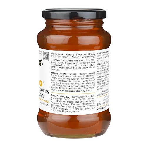 Image of INDIGENOUS HONEY Raw Karanj Honey Pure Unfiltered 17.64 oz Glass Jar | Natural Organic Unprocessed Unpasteurized Unheated Honey Pack of 1
