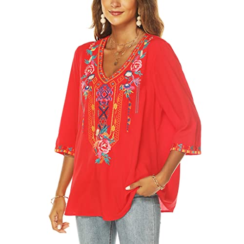 LauraKlein Women's Summer Boho Embroidery Mexican Bohemian Tops V Neck 3/4 Sleeve Causal Loose Shirt Blouse Tunic3