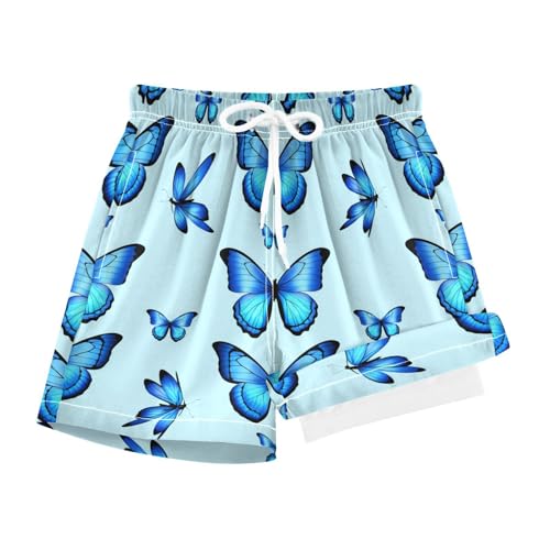 YANENDIE Boy Swim Trunks with Compression Liner Blue Butterflies Boys Swim Shorts Quick Dry Beach Shorts