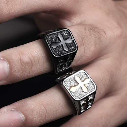 Cross Ring for Men,Stainless Steel Black Religion Cross Ring Bold Square Band with Cut Out Cross Motifs, Gothic Style Statement Christian Jewelry Size 8-124