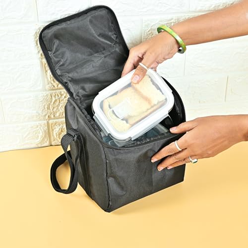 Image of Femora Borosilicate Glass Container Lunch Box with Bag for Office, School, Black, Rectangular, 400 ML, 620 ML (3 Container+ 1 Bag)