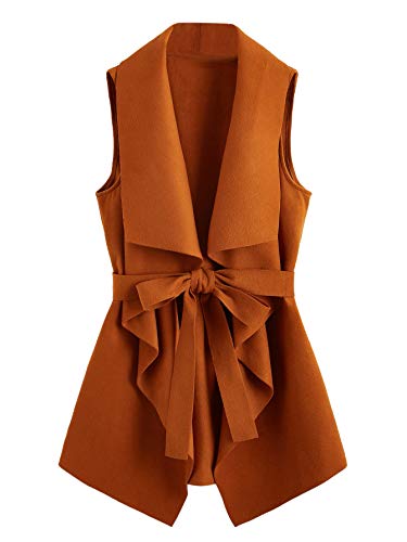 SheIn Women's Lapel Open Front Sleeveless Casual Vest Cardigan Tie Waist Jacket Brown Medium