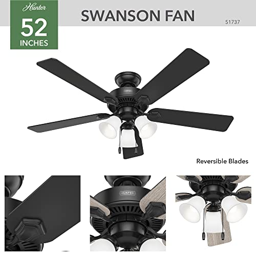 Image of Hunter Swanson, Indoor, Ceiling Fan, with LED Lights, 52 inch, Matte Black