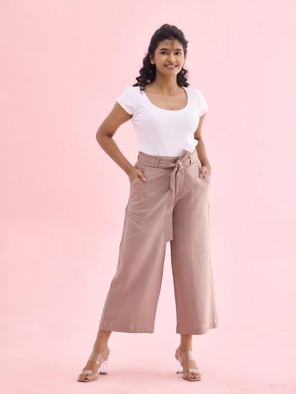 Image of GO COLORS Solid Linen Culottes for Women | High Rise, Side Pockets, Front tie-up