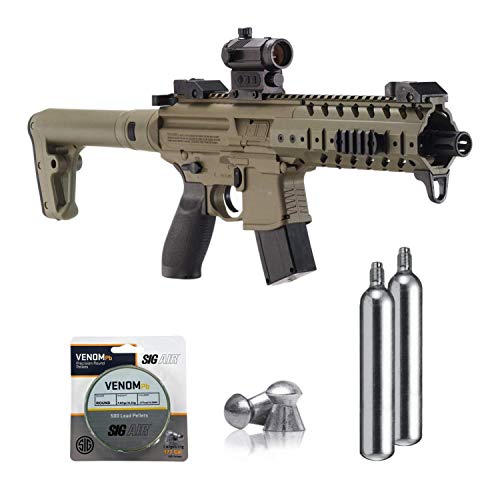 SIG Sauer MPX .177 Cal CO2 Powered Air Rifle with CO2 90 Gram (2 Pack) and 500 Lead Pellets Bundle (FDE, Red Dot)