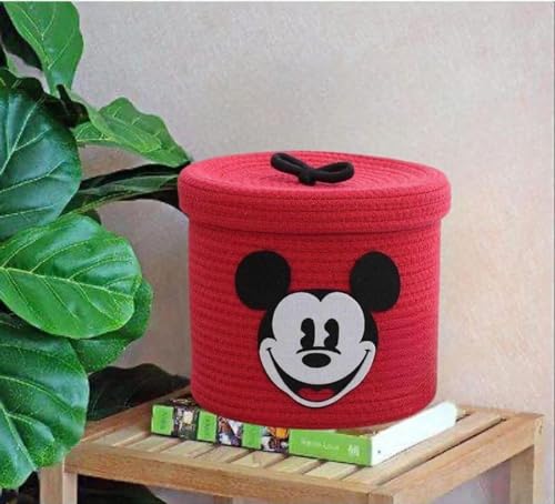 Image of Aroma Brand Kids Lid Basket with Beautiful Characters - Rope Storage Basket for Baby Diaper, Stuffed Animal Storage Bin Rope Basket for Kids Toy, Baby Laundry Baskets with Lid (Red Miks)