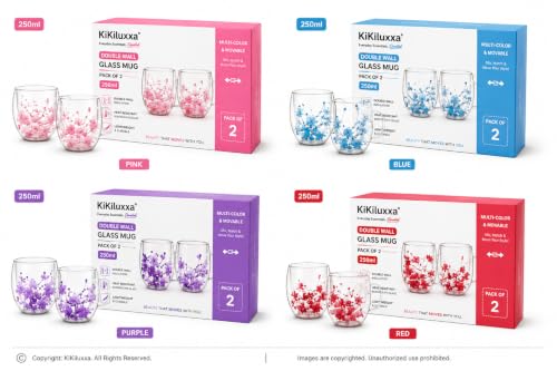 Image of KiKiluxxa 250ml Double Wall Glass Tea Coffee Mug Set of 2 | Glass Cups with Movable Decorative Flowers & Pearl Beads | Insulated Glass Mug for Tea, Coffee, Milk, Gift- Surprise Color Assortment